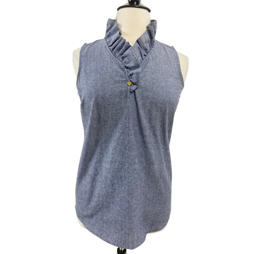 Mudpie Whitney Chambray Ruffle Neck Sleeveless Tunic Top, Size L